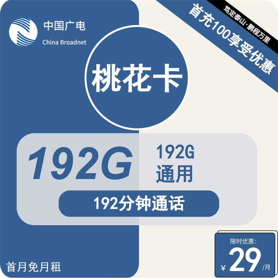 广电桃花卡29元包192G通用+192分钟通话