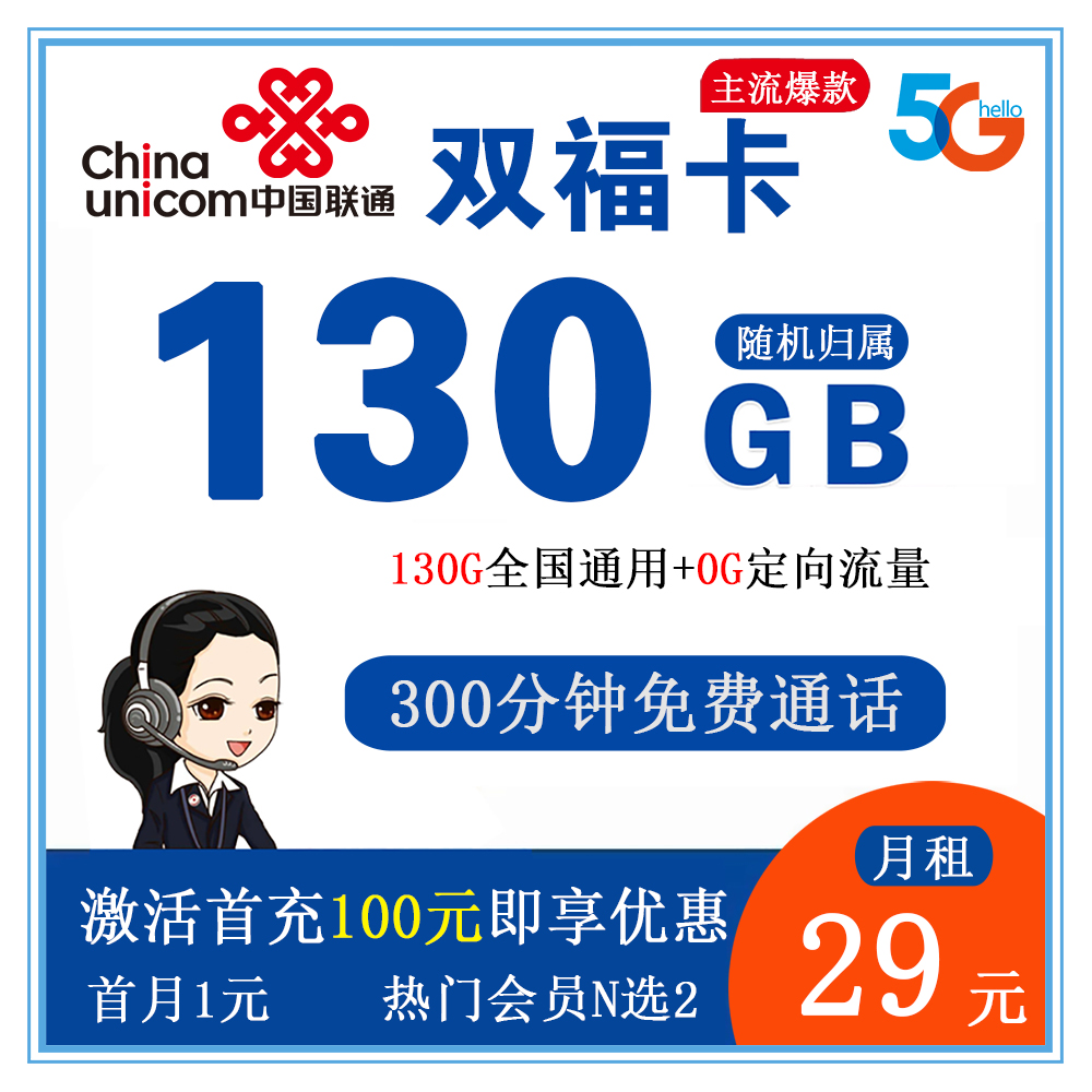 联通双福卡29元130G流量+300分钟通话【发全国】【双会