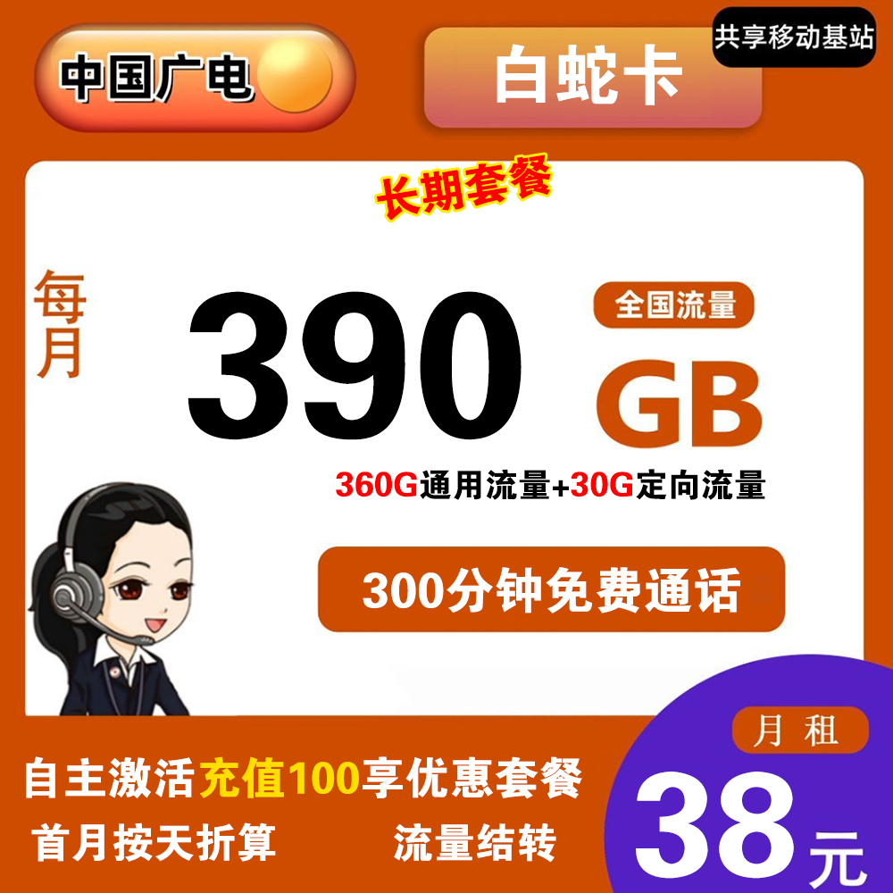 广电白蛇卡38元390G流量+300分钟通话【发全国】【长期套餐】