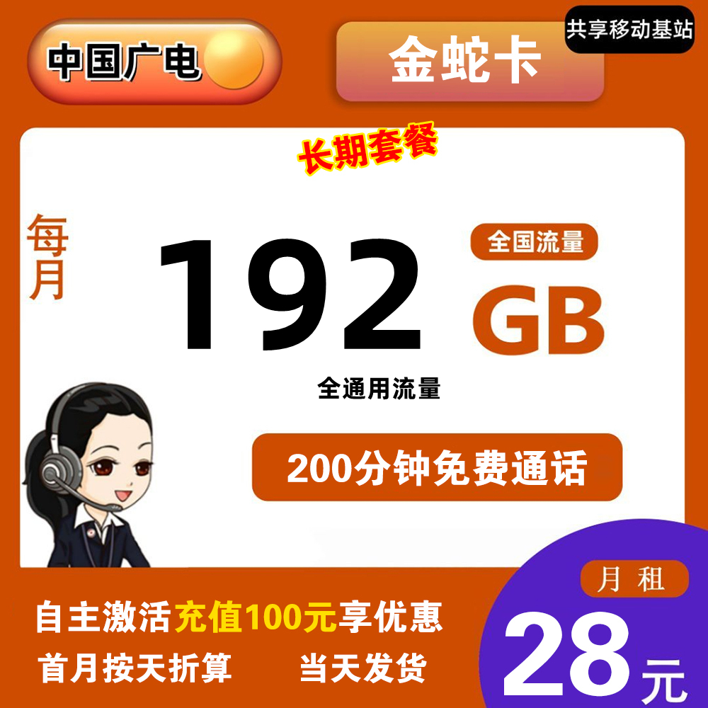 广电金蛇卡29元192G流量+200分钟通话【20年长期套餐】【发全国】